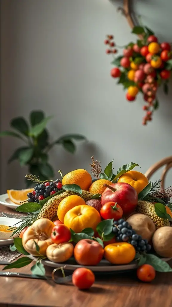 A vibrant display of seasonal fruits on a dining table, featuring oranges, apples, and berries, with greenery accents.
