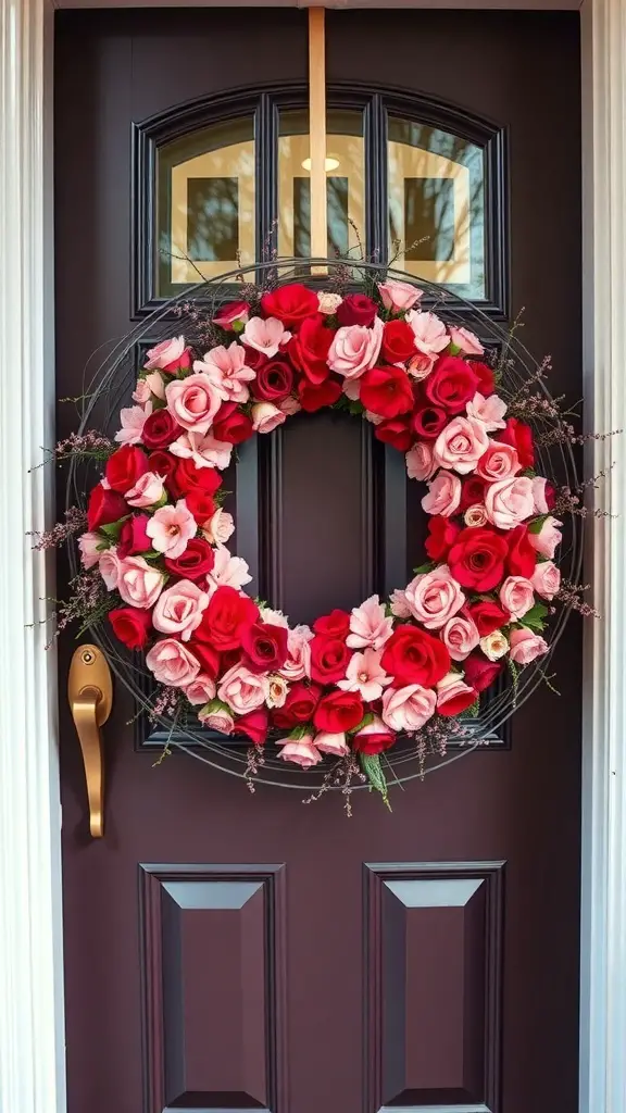 A vibrant floral wreath with red and pink flowers hanging on a dark door.