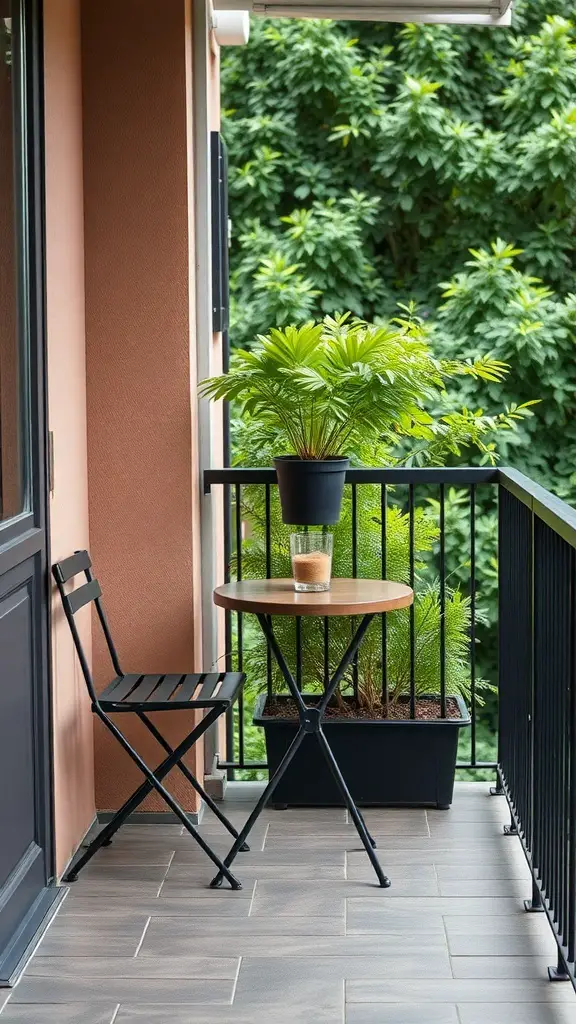 A compact bistro set on a small balcony with a wooden table, a black folding chair, and a potted plant.