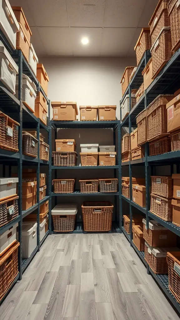 A small storage room with high shelves filled with various storage boxes and baskets.