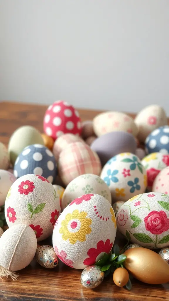 A variety of fabric Easter egg decorations in different colors and patterns.