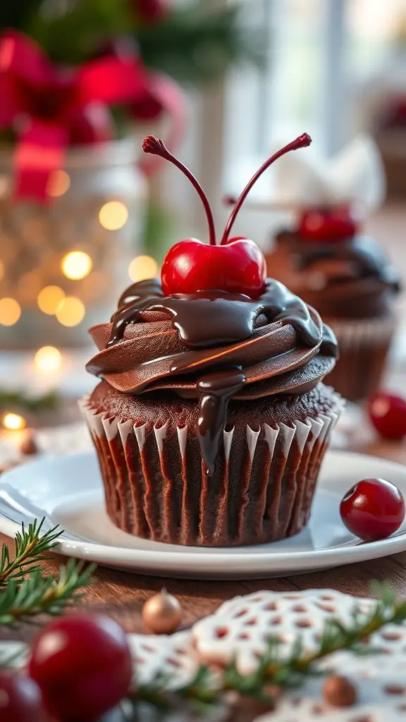 Chocolate cupcake topped with chocolate frosting and a cherry