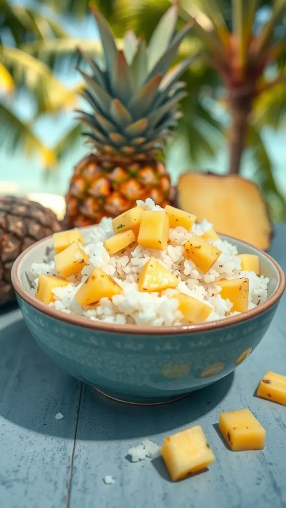 A bowl of pineapple coconut rice topped with fresh pineapple chunks, with a pineapple in the background.