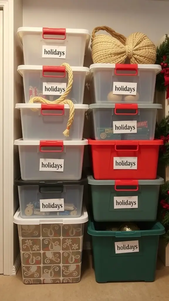 Stacked plastic bins labeled for holiday decoration storage.