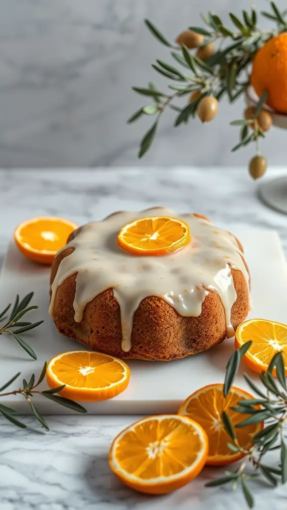 A moist orange olive oil cake topped with a glaze and garnished with orange slices, surrounded by olive branches.