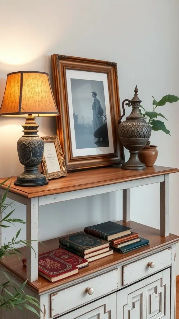 27+ Stunning Console Table Decor Ideas You Need to Try 4 A vintage-inspired console table decorated with a lamp, framed photo, books, and decorative vases.