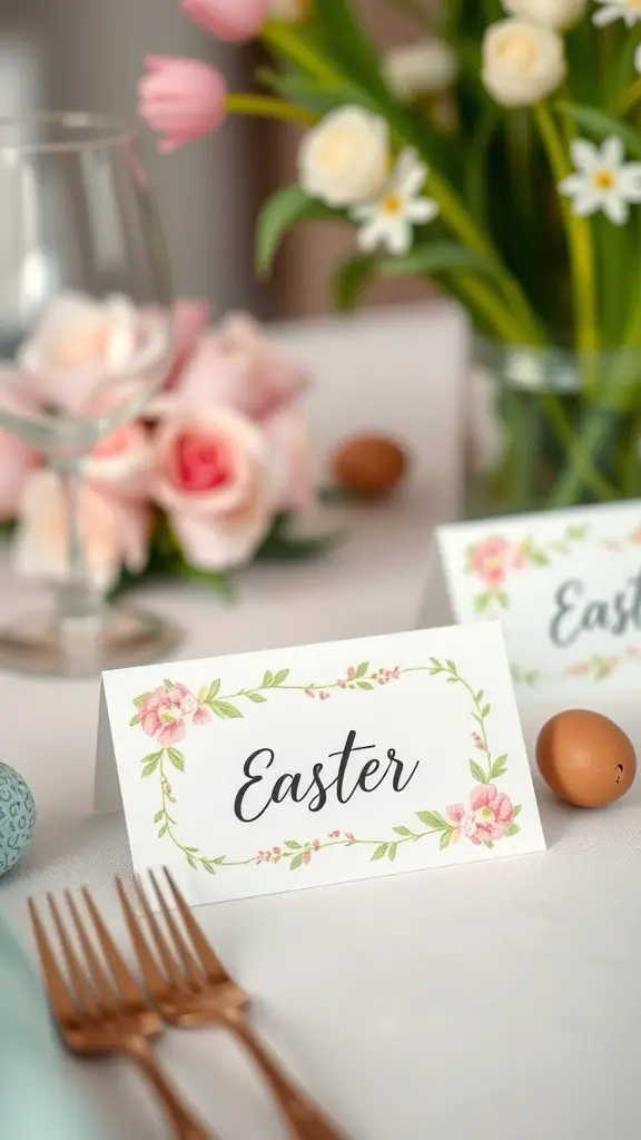 Personalized Easter place cards with floral designs on a dining table