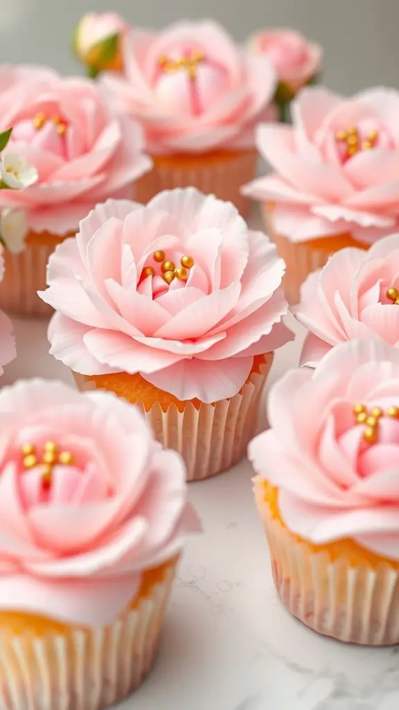 Beautiful peony cupcakes with pink flower decorations