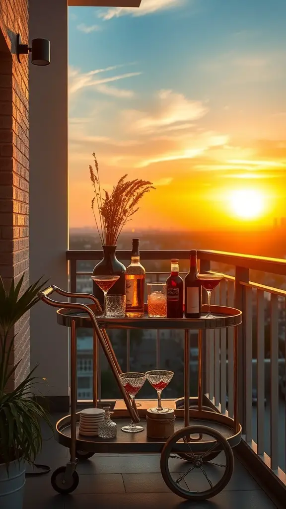 A stylish bar cart on a balcony during sunset, featuring various bottles, glasses, and a decorative vase.