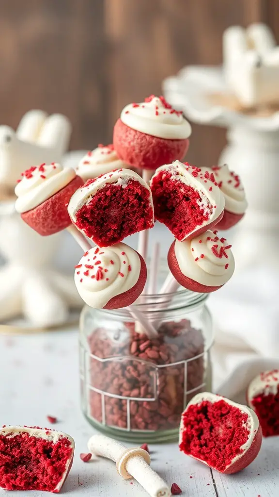A jar filled with red velvet cake pops topped with white chocolate and sprinkles, with some cake pops broken open showing the red velvet inside.