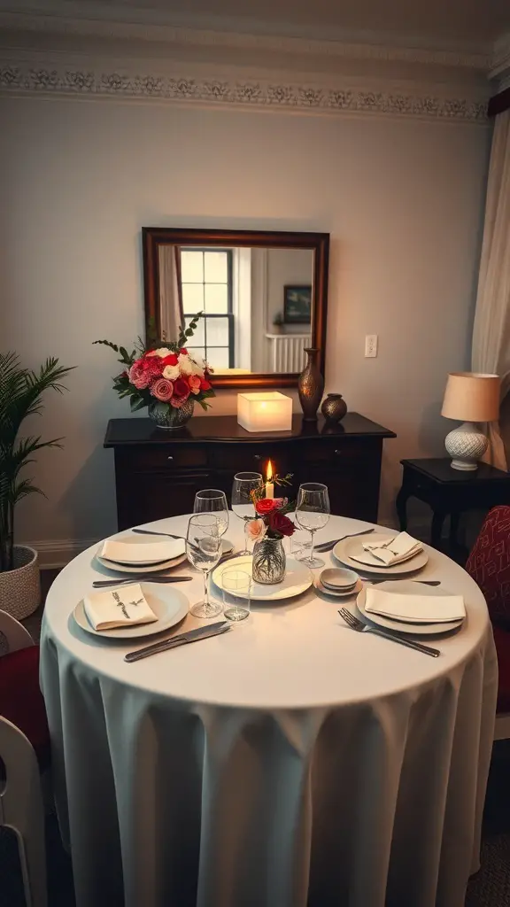 A beautifully set table for Valentine's Day with flowers, candles, and elegant dinnerware.