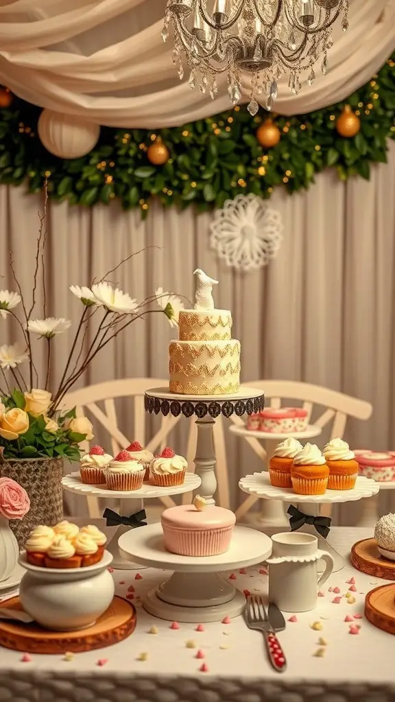 A beautifully arranged Valentine's Day dessert table featuring a decorated cake, cupcakes, and floral accents.