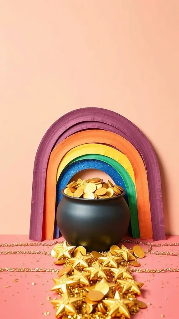 Colorful rainbow with a pot of gold coins, decorated for St. Patrick's Day