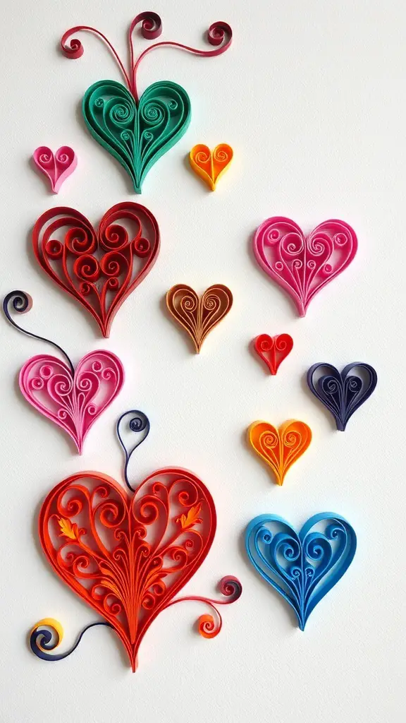 27+ Creative Valentine's Crafts for Adults to Ignite Romance 15 Colorful quilled heart designs in various shapes and sizes.