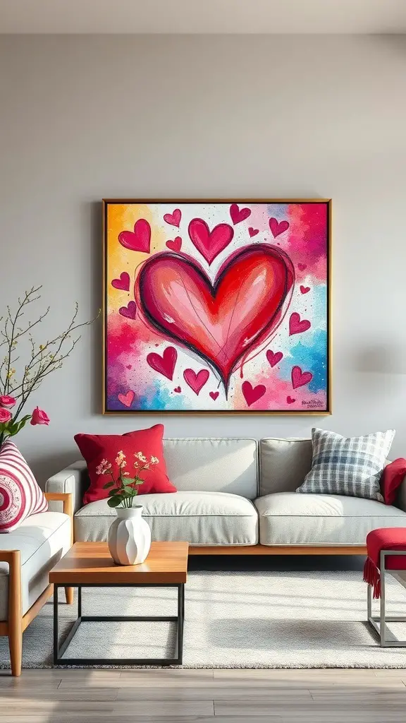 A colorful heart-themed artwork hanging above a cozy couch in a modern living room.