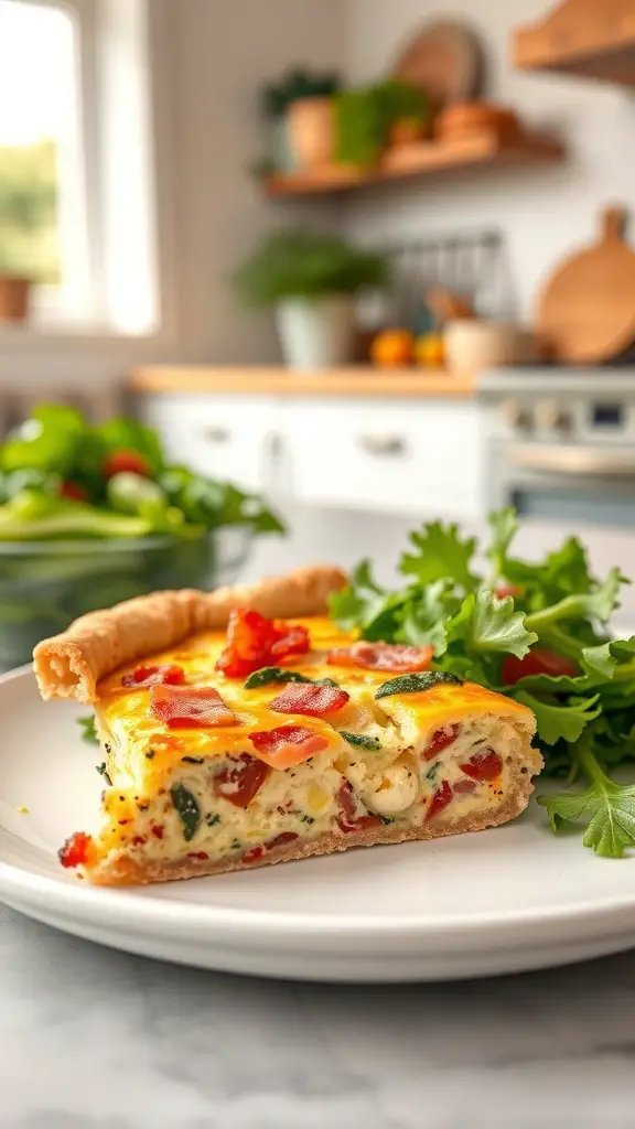 A slice of Quiche Lorraine on a plate with salad on the side, set in a bright kitchen.