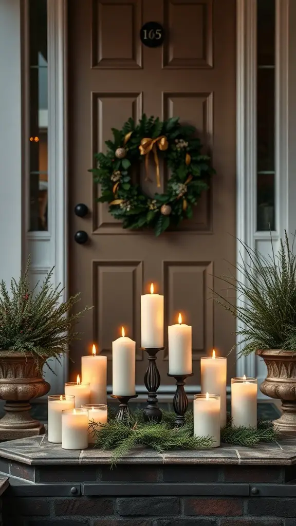 Candle arrangements on a front porch with greenery and a wreath on the door.