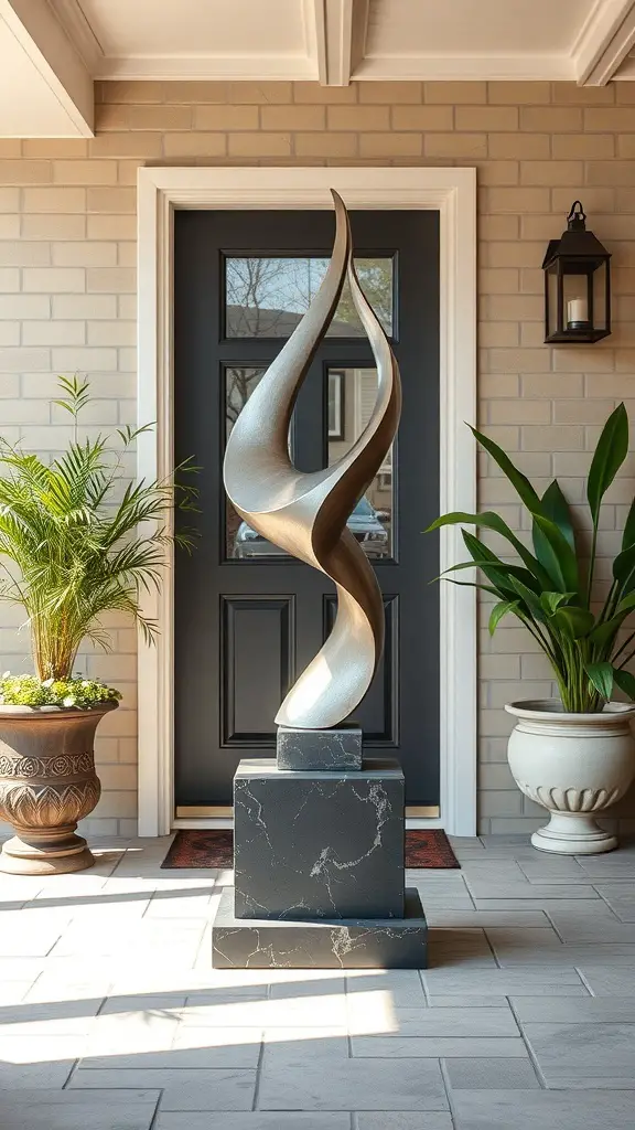 A unique sculpture displayed at a front entryway, surrounded by plants and a dark door.
