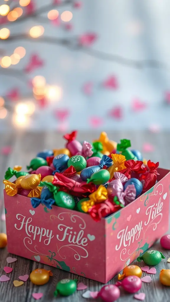 27+ Creative Sweet Box Ideas for Valentine's Day 9 A colorful box filled with handmade candies wrapped in bright foil, surrounded by heart-shaped decorations.