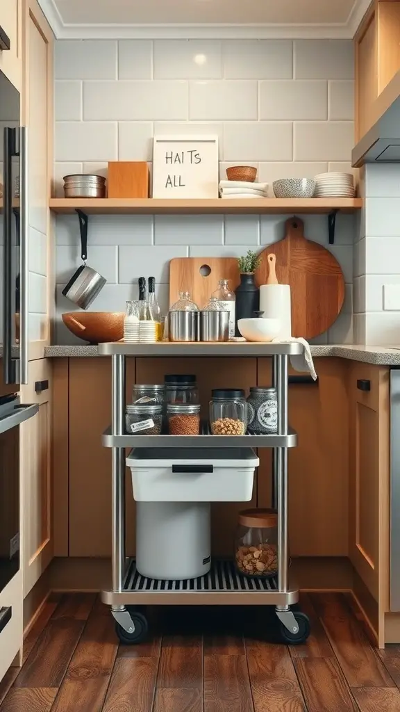 A kitchen rolling cart with jars and containers for organized storage.
