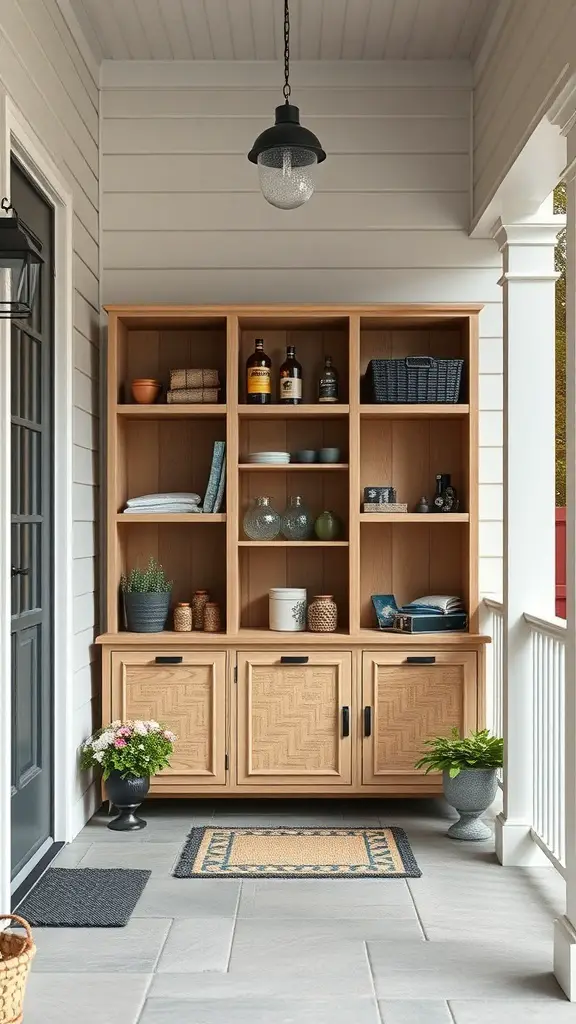 25+ Creative Porch Storage Ideas 10 A wooden modular storage unit on a porch, featuring open shelves and closed cabinets.