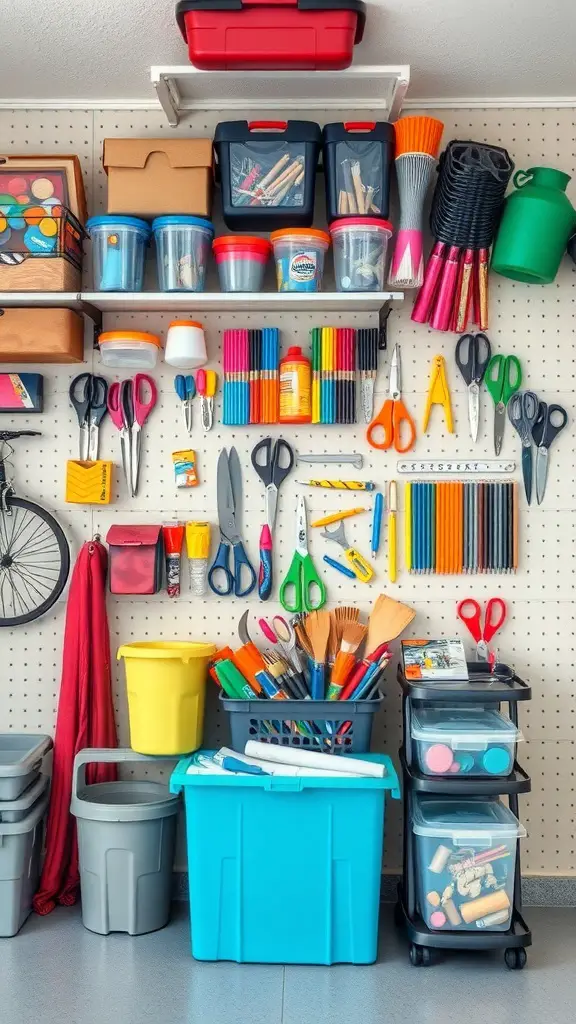 A colorful and organized wall storage for craft supplies, featuring bins, scissors, markers, and brushes.