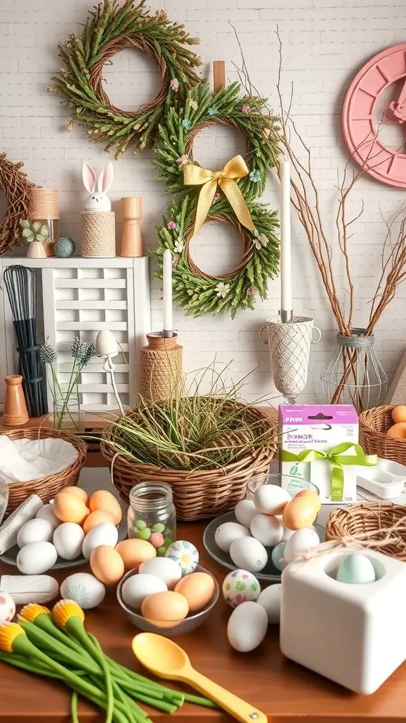 A table filled with Easter decor supplies, including wreaths, eggs, and flowers.