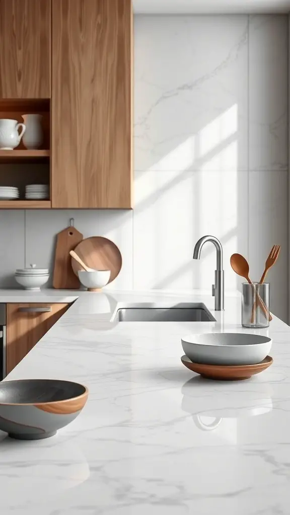 29+ Stunning Kitchen Countertop Decor Ideas 8 A modern kitchen with marble countertops and wooden cabinets, featuring bowls and utensils on the countertop.