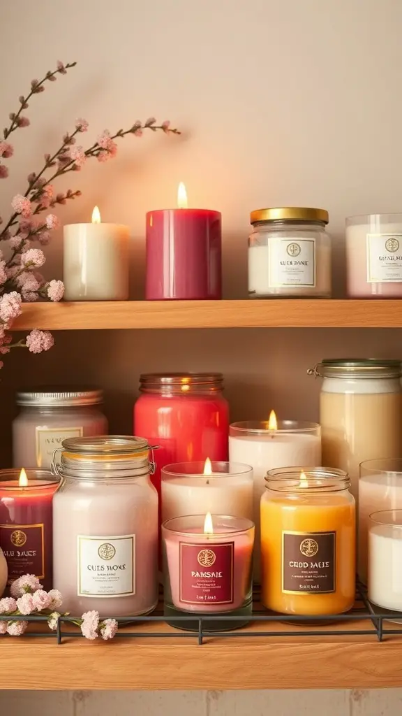 A variety of hand-poured scented candles displayed on a shelf.