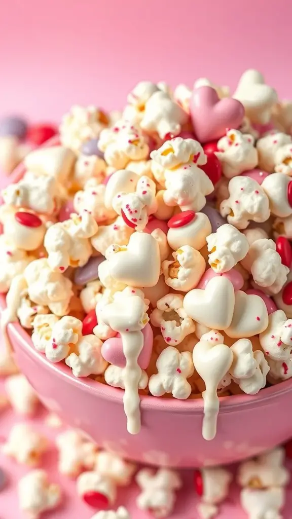 A bowl of Valentine's Day themed popcorn with heart-shaped candies and colorful sprinkles.