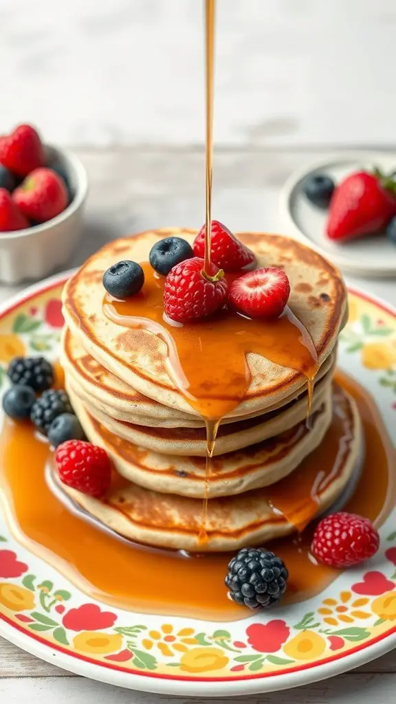 A stack of heart-shaped pancakes topped with berries and syrup