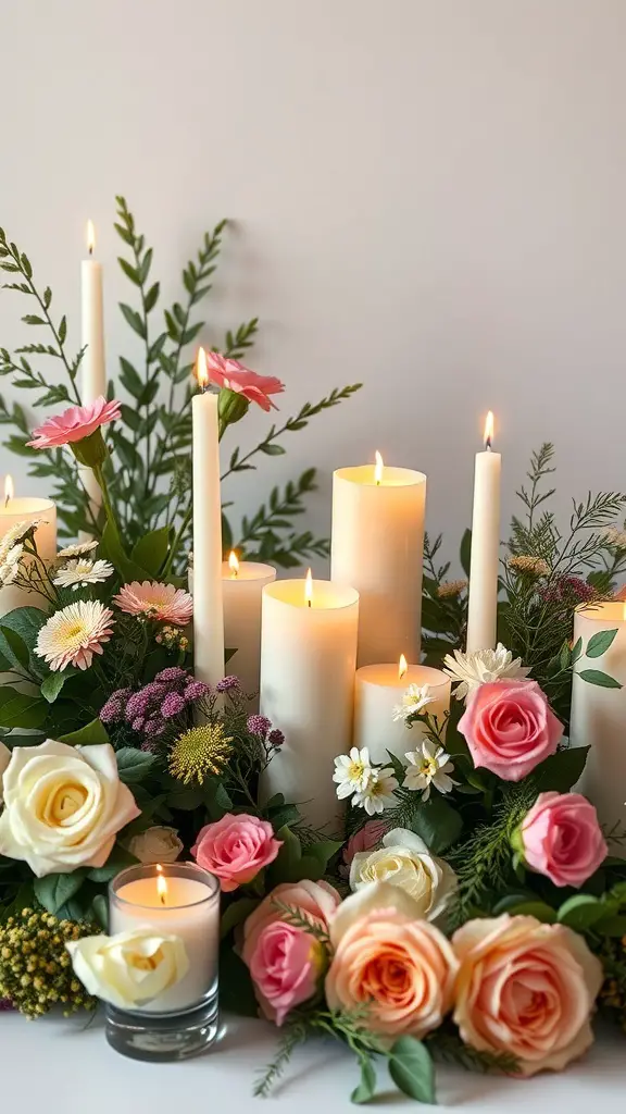 A spring-themed candle centerpiece featuring white candles surrounded by colorful flowers.