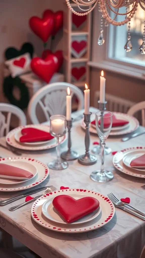 A romantic Valentine's Day table setting featuring heart-shaped plates, folded napkins, and candles.