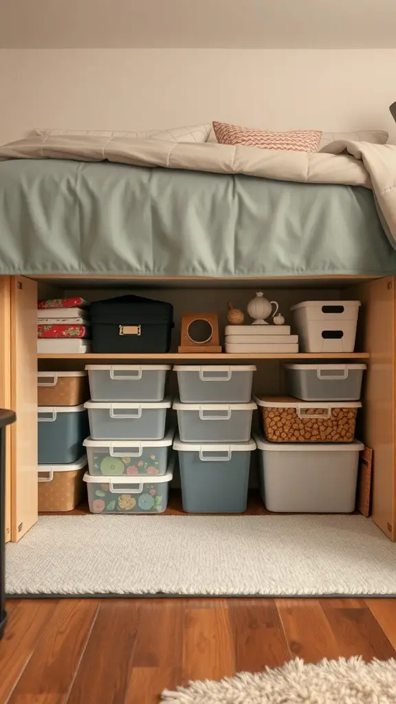Organized under-bed storage with various bins and boxes