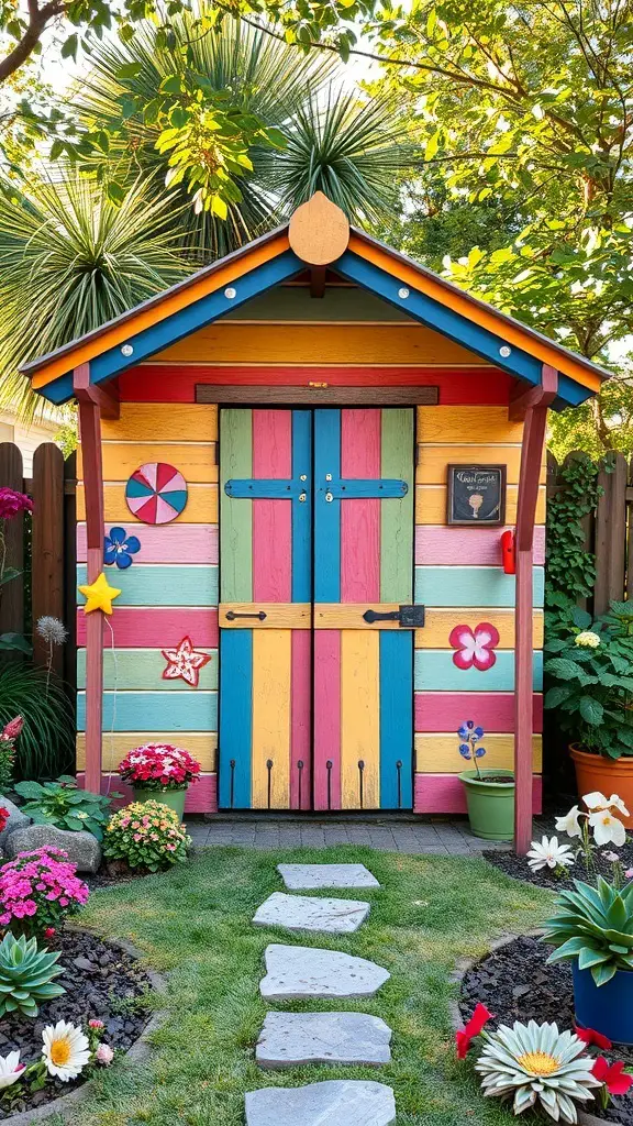 Colorful artistic shed surrounded by flowers and greenery