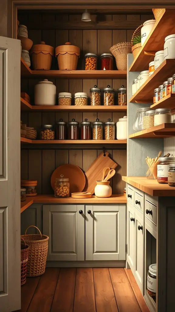 29+ Stylish Pantry Design Ideas to Elevate Your Storage Space 7 A rustic farmhouse pantry with wooden shelves, jars, and baskets.