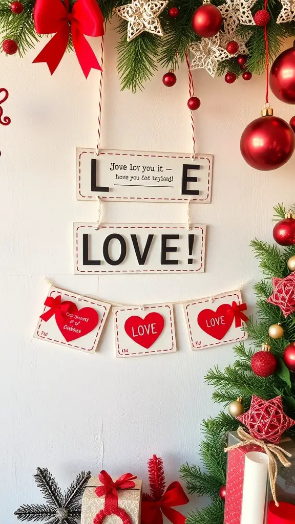 A decorative display featuring love coupons and festive elements for Valentine's Day.