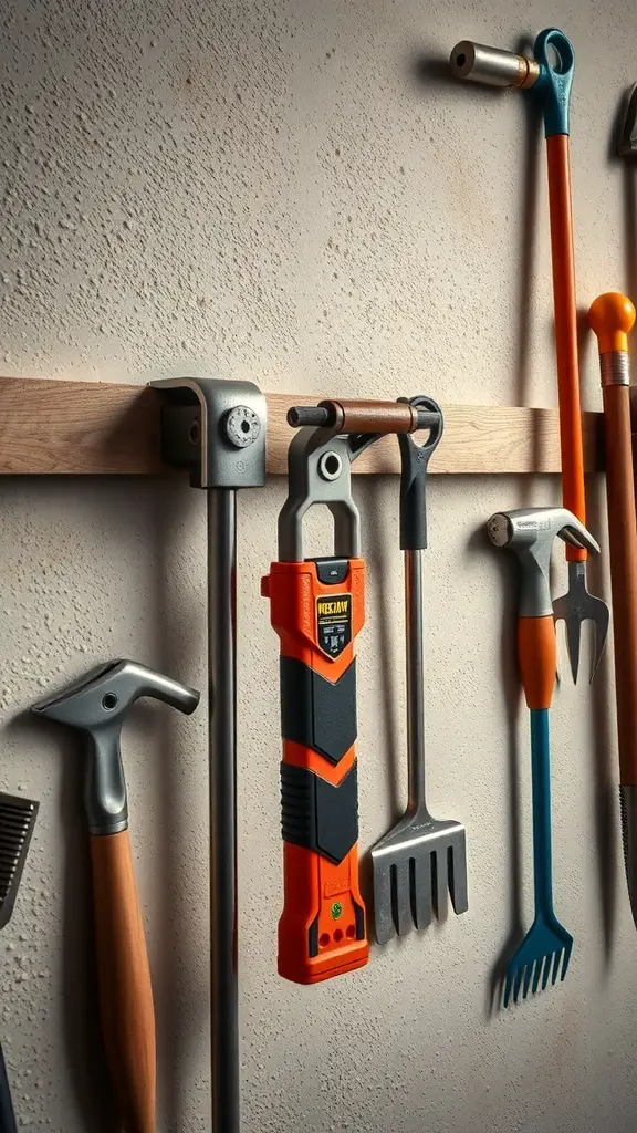 Magnetic tool holder with various gardening tools mounted on a wall