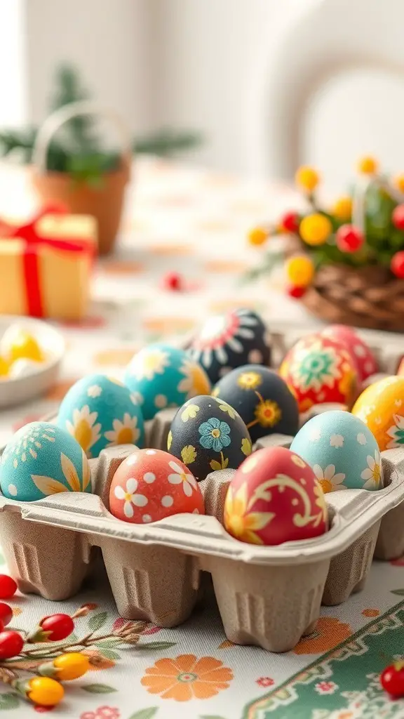 A filled egg carton with colorful painted eggs on a festive table.