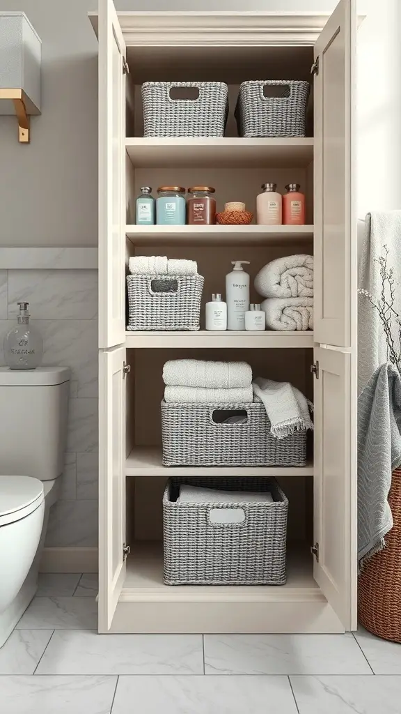 29+ Creative Bin Organization Ideas 4 A bathroom cabinet with organized baskets and toiletries