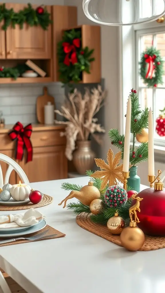A beautifully decorated kitchen table for the holidays, featuring ornaments, greenery, and candles.