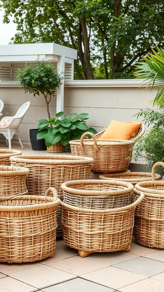 A collection of woven portable storage baskets on a patio.
