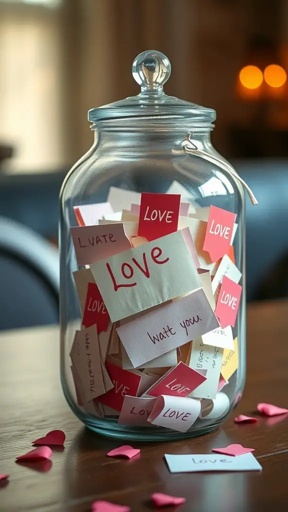 A glass jar filled with colorful handwritten notes about love, with some notes scattered around.