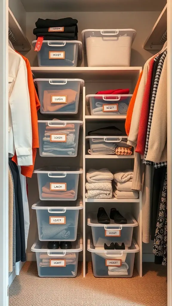 Organized closet with labeled plastic bins stacked on shelves, showcasing a neat storage solution.