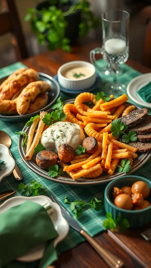 A traditional Irish food presentation for St. Patrick's Day featuring fries, mushrooms, meat, and baked goods on a green tablecloth.