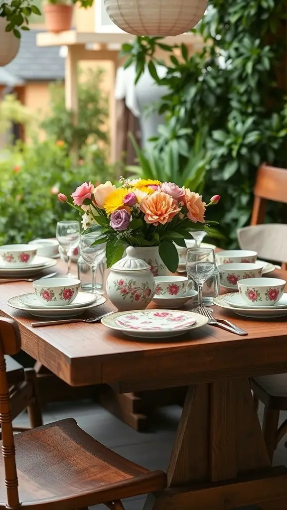 A rustic wooden table set with floral-patterned tableware and a vibrant bouquet of flowers.