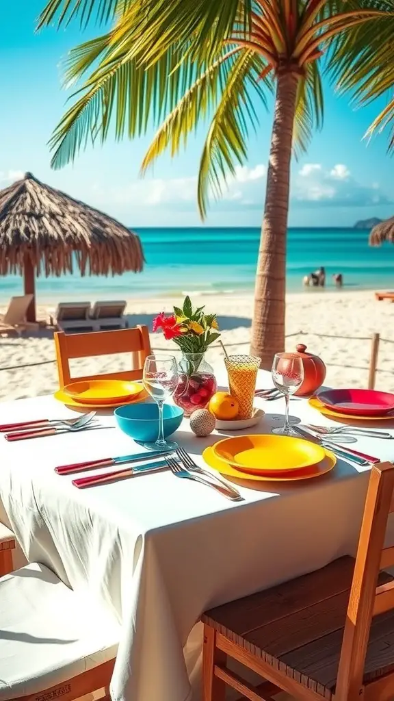 A beach dining setup featuring brightly colored tableware with a view of the ocean.
