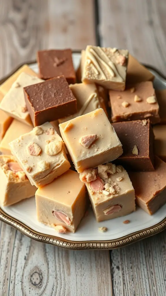 A selection of gourmet fudge squares on a decorative plate.