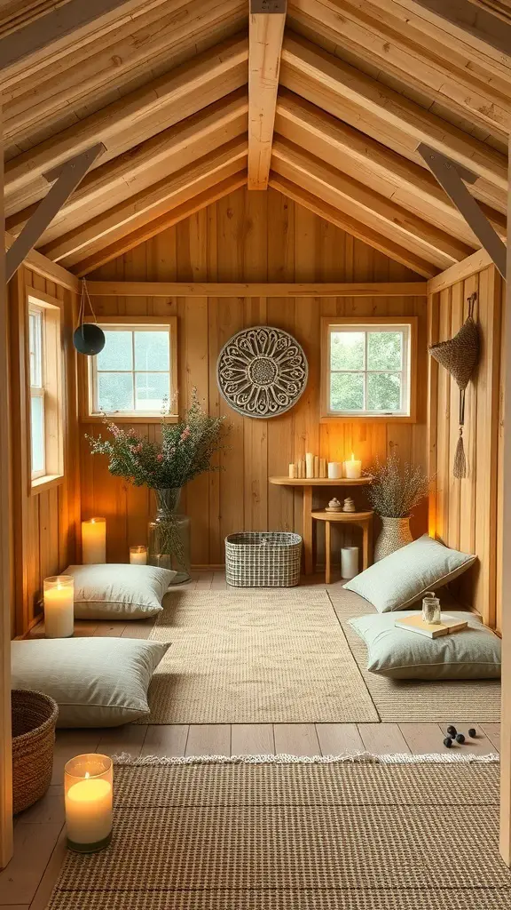 A serene meditation space with wooden walls, cushions, candles, and natural light.