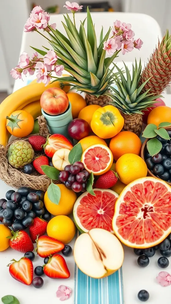 A vibrant display of various fruits including bananas, apples, oranges, and strawberries, arranged with decorative plants.